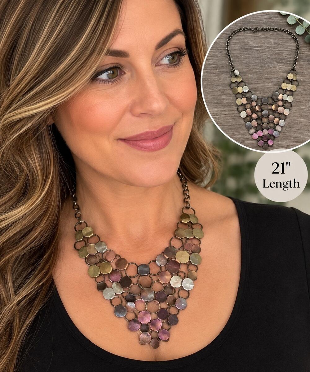 21" Hammered Disc Bib Statement Necklace Mixed Metal Bronze Gunmetal Boho